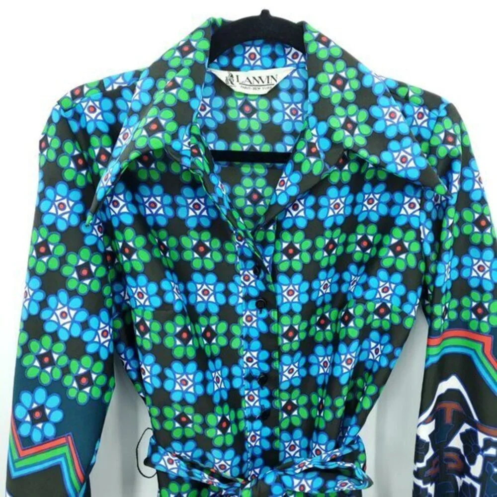 VTG Lanvin Spread Collar Patterned Self-Belt Shirt Dress M/L Blue/Green Print
